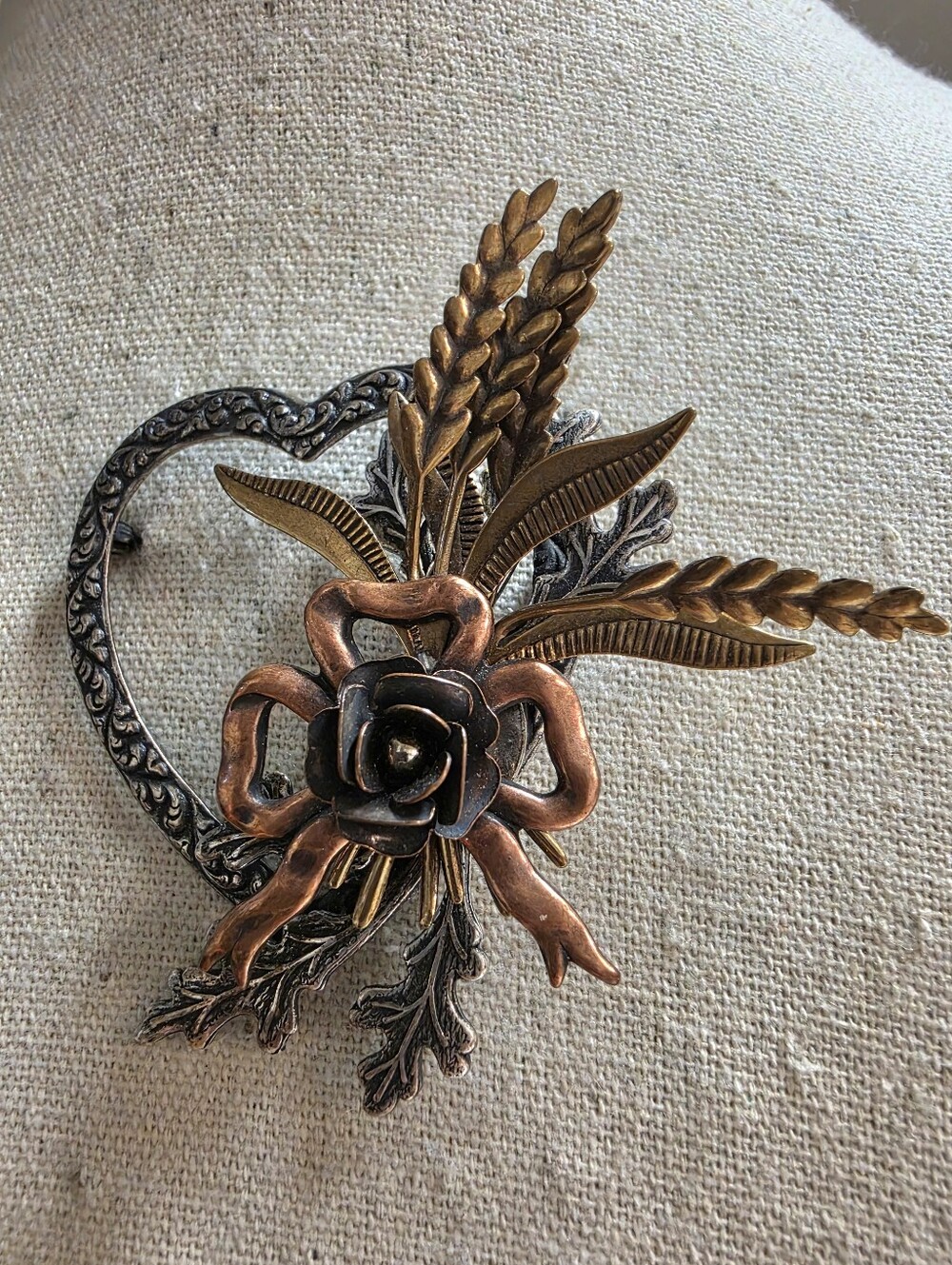 Vintage Mixed Metal Heart Ribbon Wheat And Rose  Brooch